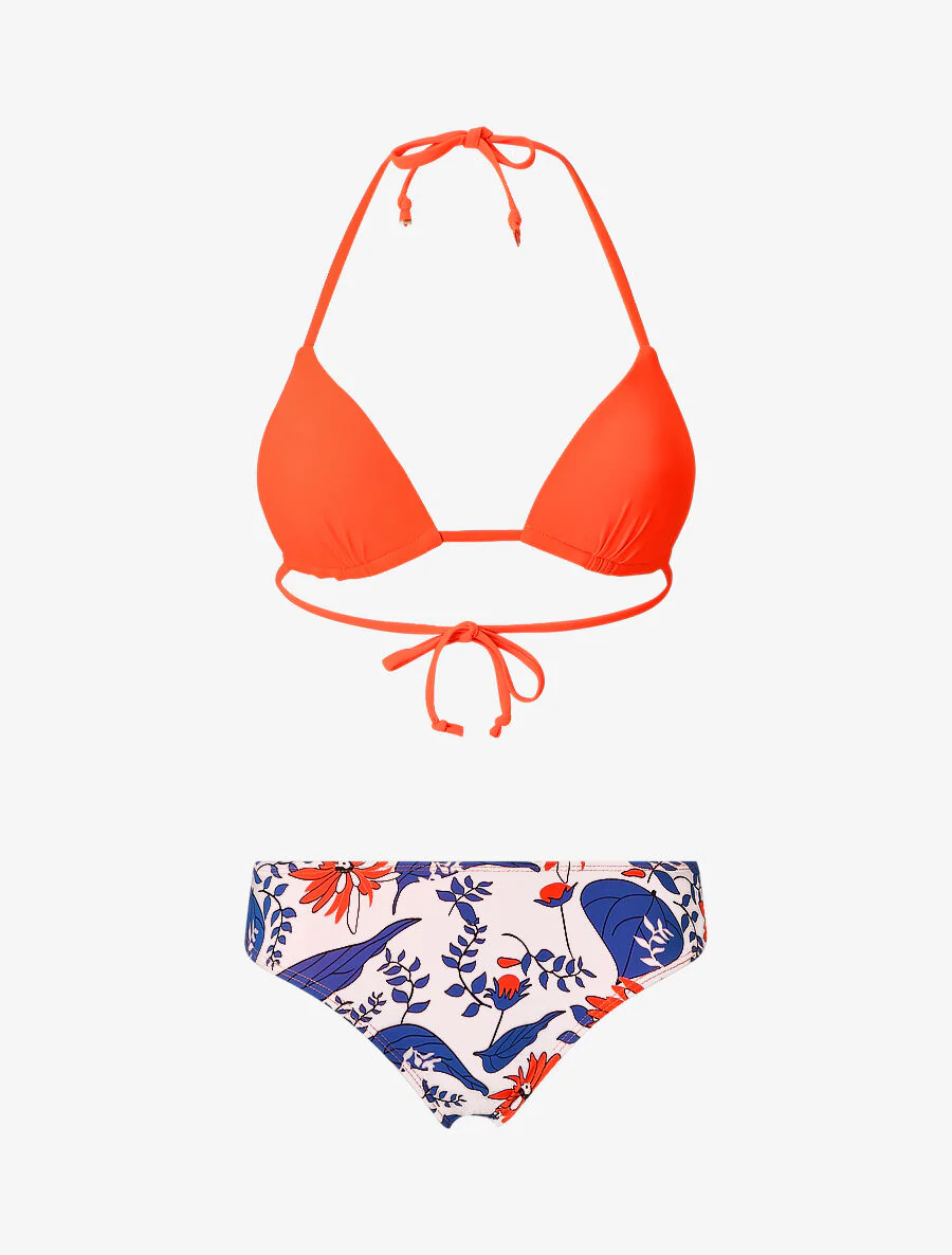 Ongelijk bloemenbikini - Fluoriserend oranje