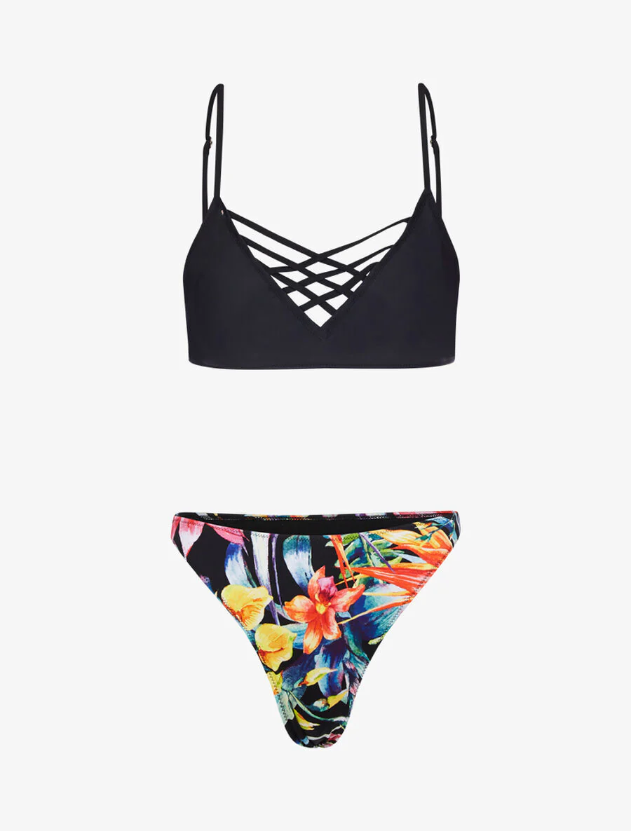 Ongelijk bikini met bloemenprint - Zwart