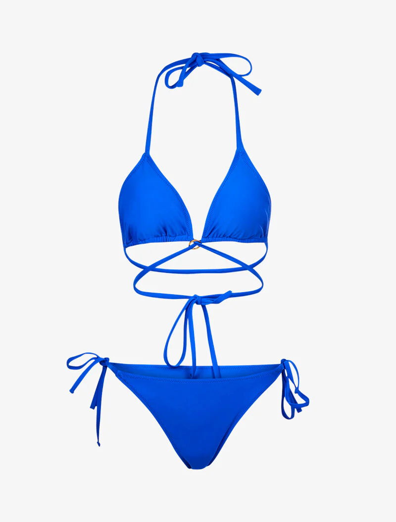 Satijnen bikini met striksluiting - elektrisch blauw