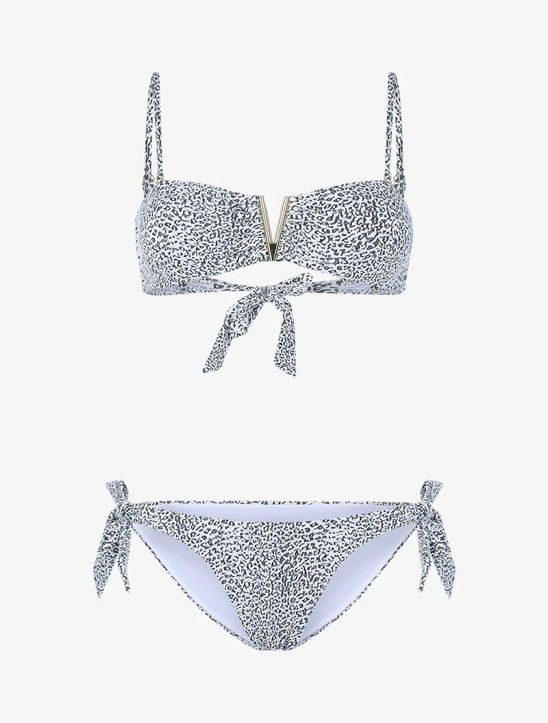 Getextureerde bikini met gouden V inzetstuk - wit/zwart - wit en zwart