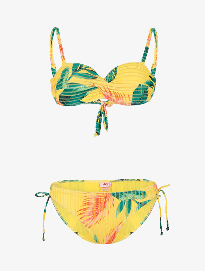 Getextureerde bikini met tropische print - geel