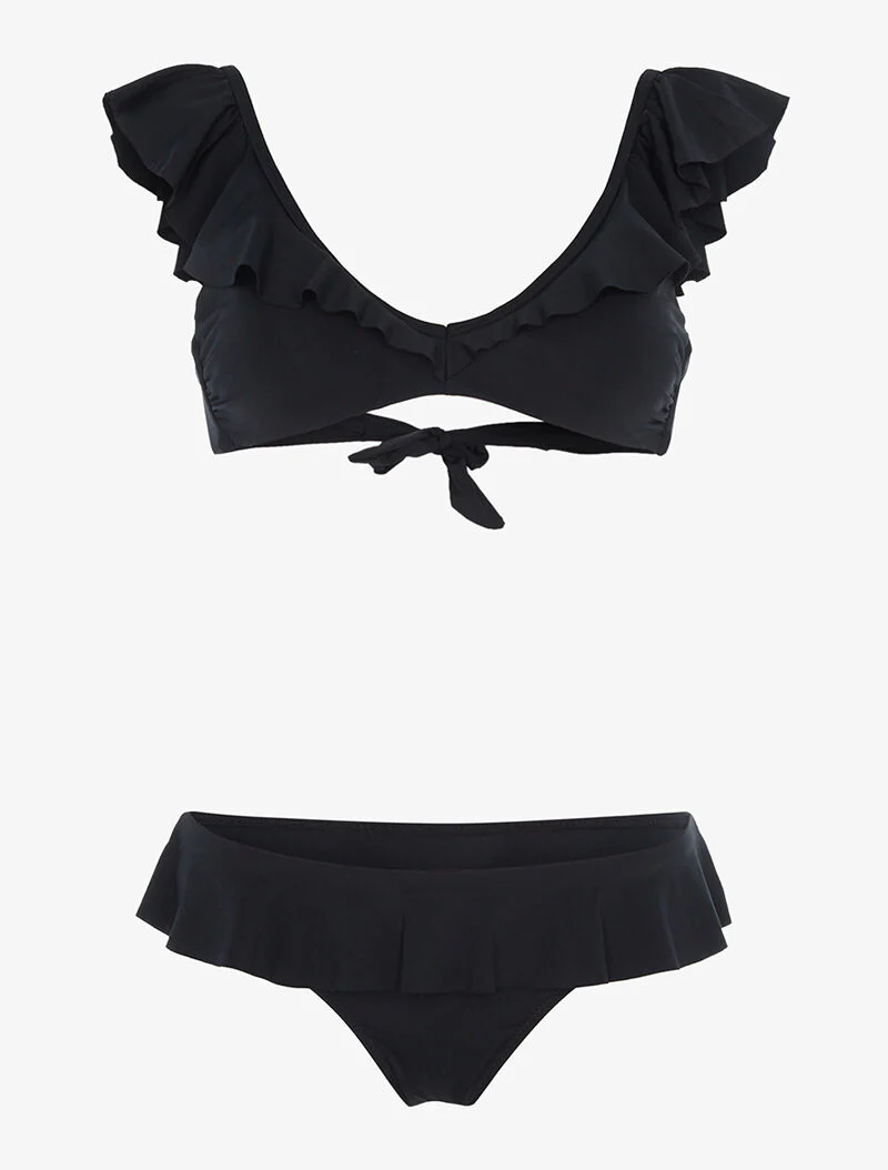 Volant bikini met hoge uitsnijding - zwart