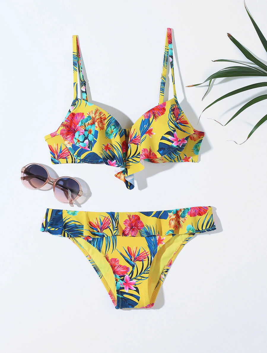 Ruches bikini met bloemenprint - Geel