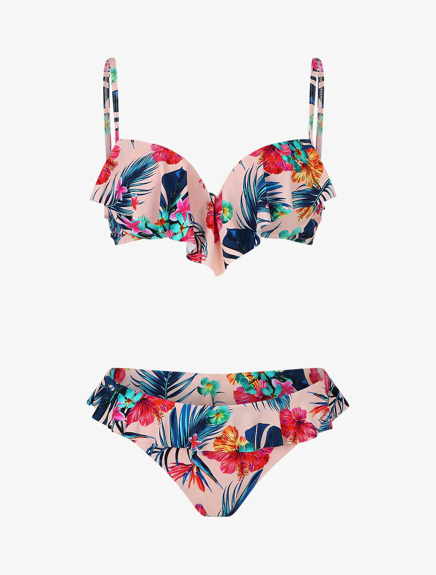 Ruches bikini met bloemenprint - Zalmroze