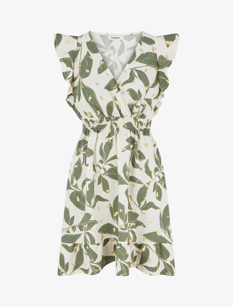 Bladerenprint jurk met elastische taille. - Kaki