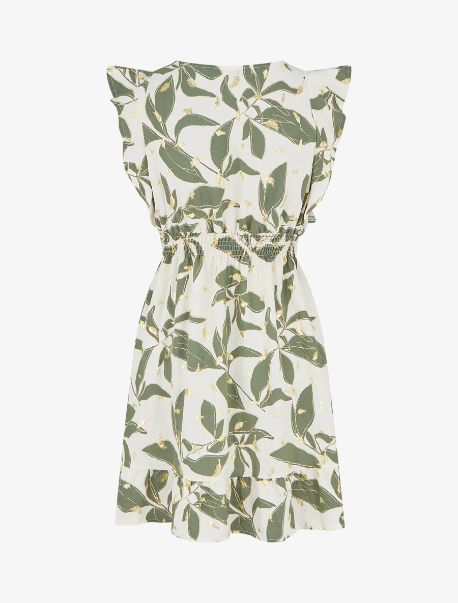Bladerenprint jurk met elastische taille. - Kaki - Image 2