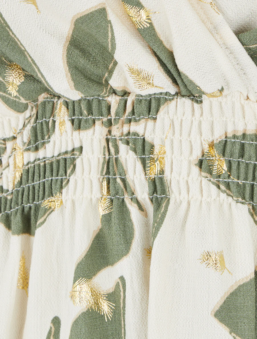 Bladerenprint jurk met elastische taille. - Kaki - Image 3