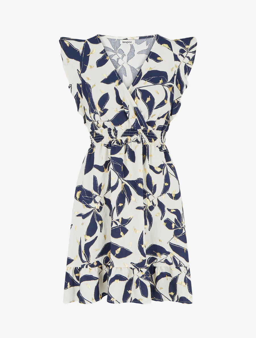 Bladerenprint jurk met elastische taille. - Marine