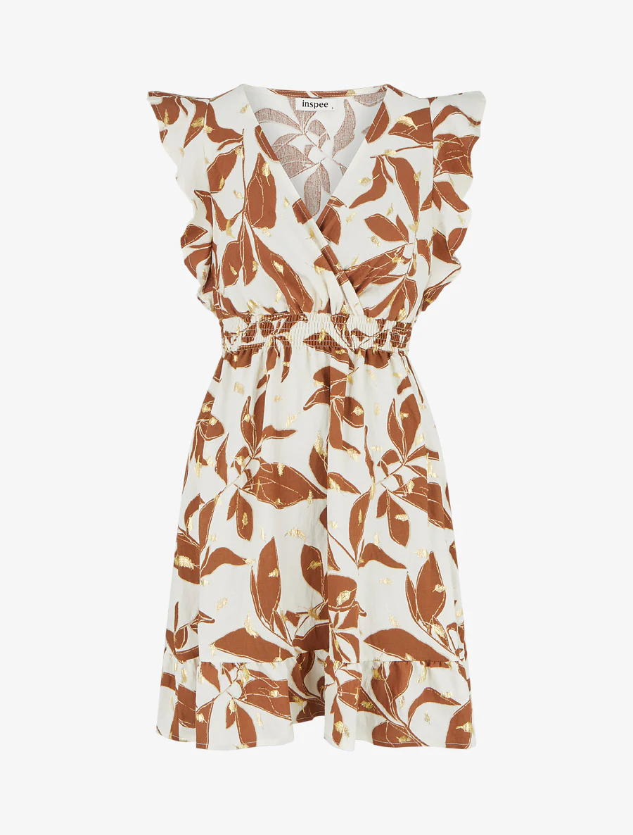 Bladerenprint jurk met elastische taille. - Bruin