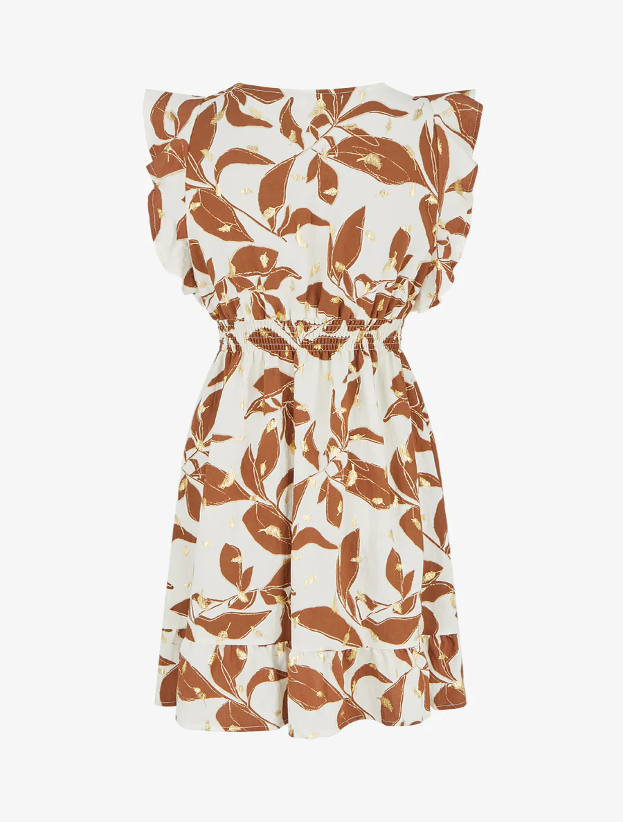 Bladerenprint jurk met elastische taille. - Bruin - Image 2