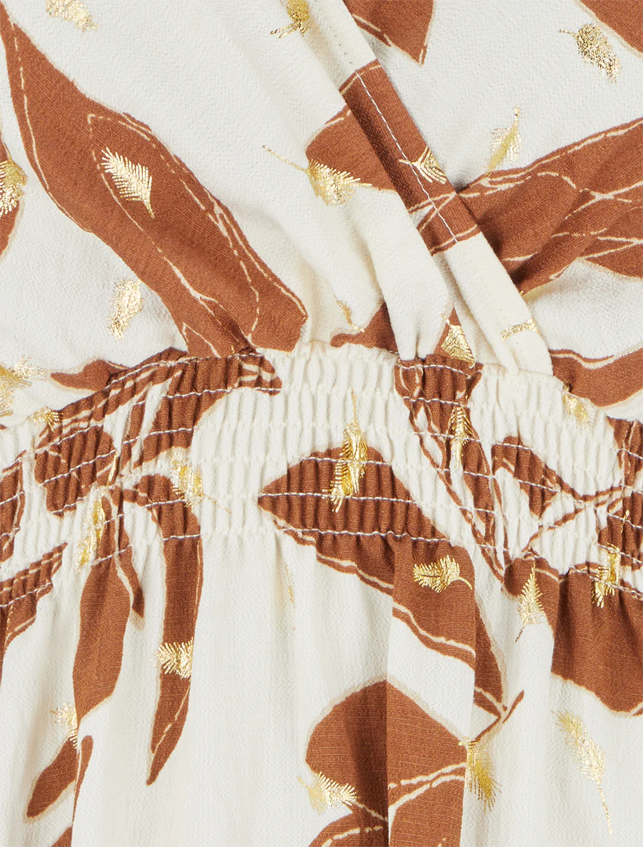 Bladerenprint jurk met elastische taille. - Bruin - Image 3