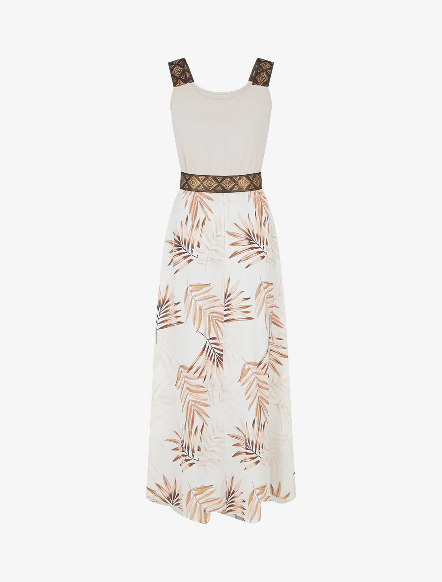 Bladerenprint jurk met gestileerde bandjes - Beige - Image 2