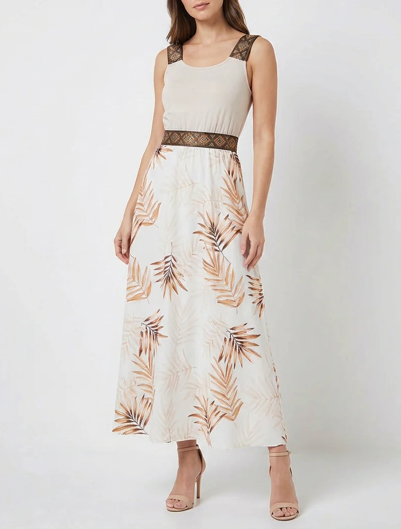 Bladerenprint jurk met gestileerde bandjes - Beige - Image 4