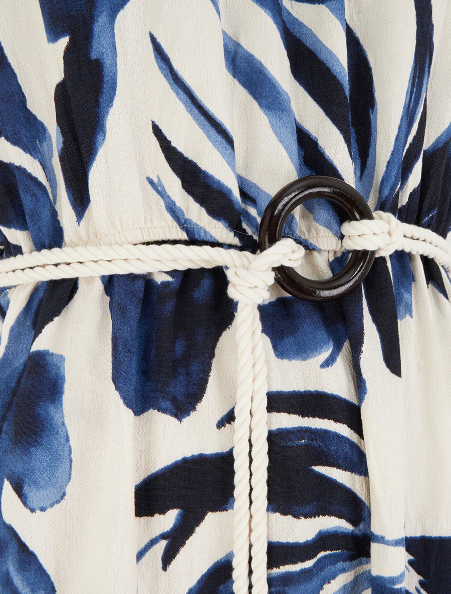 Bladerenprint jurk met koordbandjes - Marine - Image 4