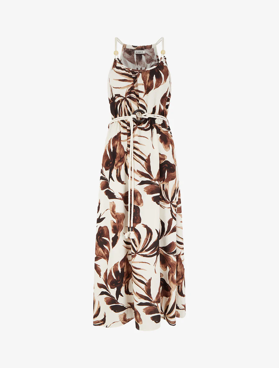 Bladerenprint jurk met koordbandjes - Bruin