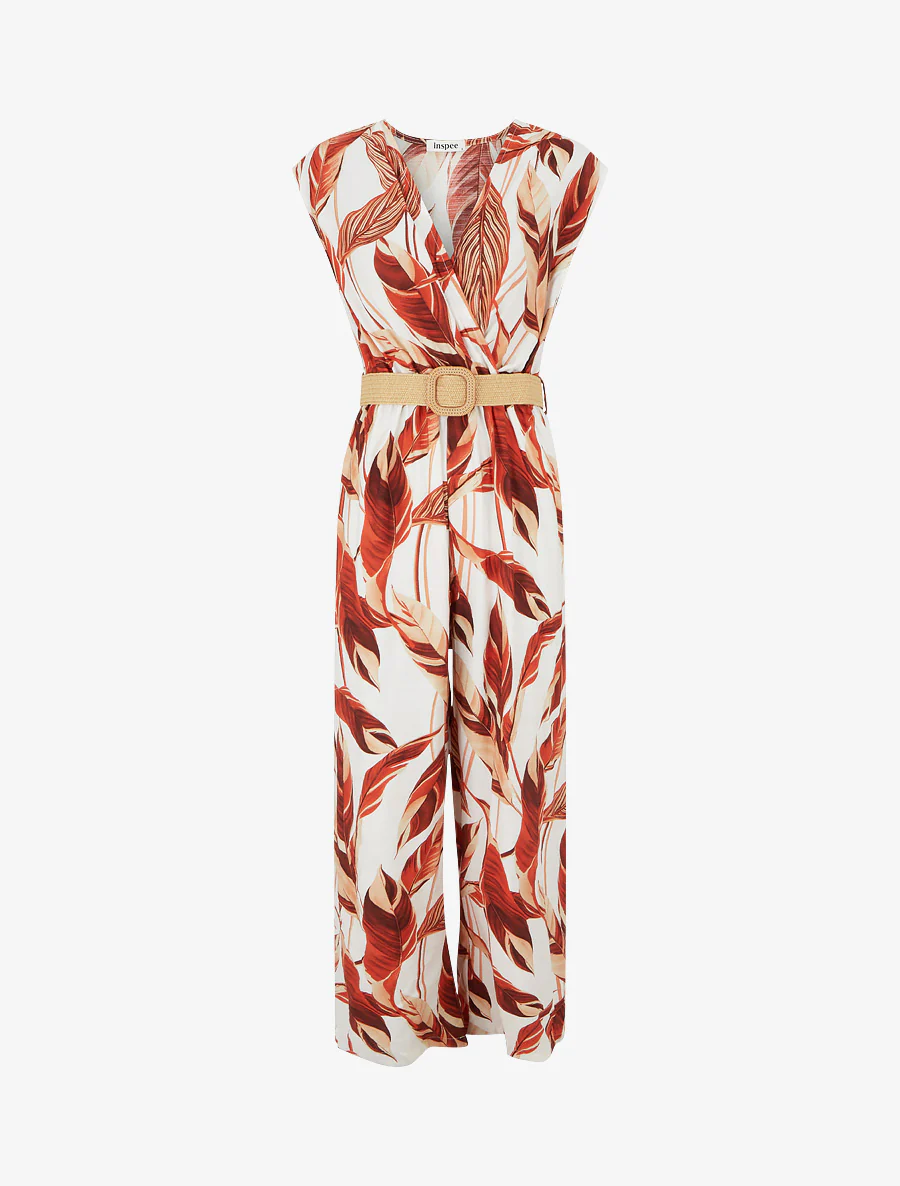 Bladprint jumpsuit met elastische tailleband - Rood