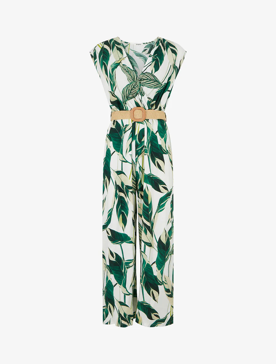 Bladprint jumpsuit met elastische tailleband - Groen