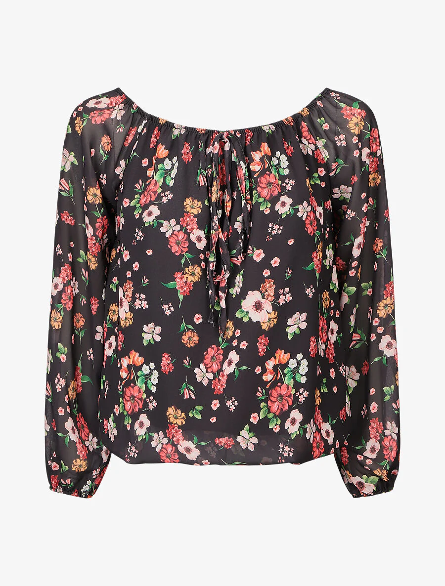 Bloem gedrukte blouse met transparante mouwen - Zwart