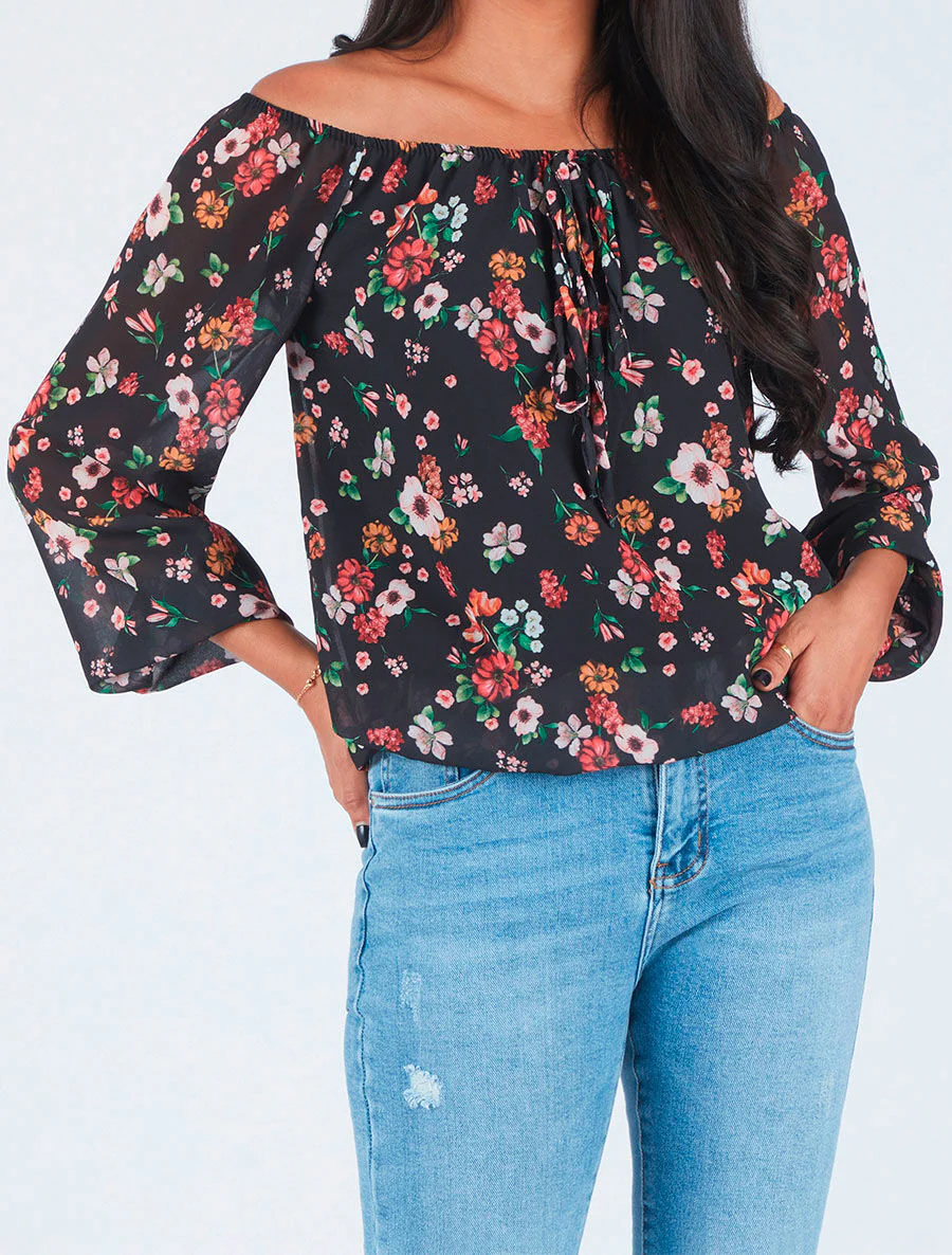 Bloem gedrukte blouse met transparante mouwen - Zwart - Image 4