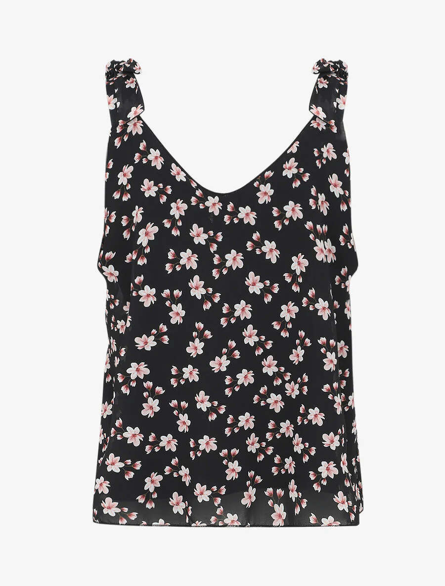 Bloem geprinte blouse met schouderbandjes - Zwart - Image 2