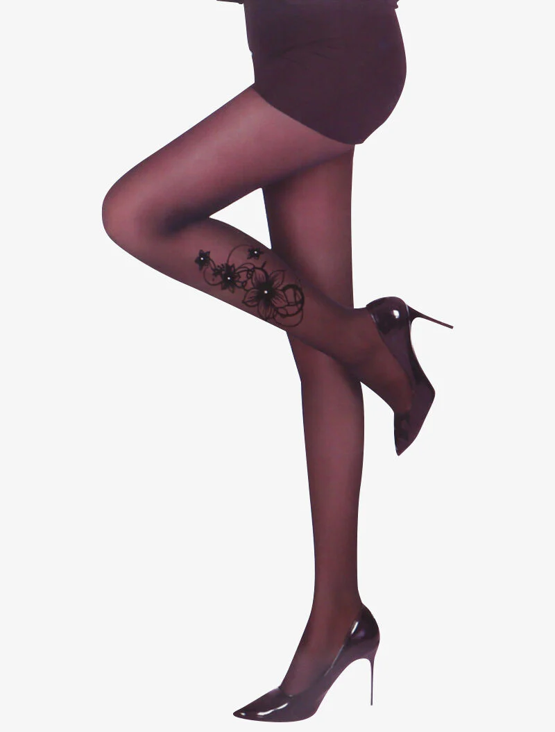 Bloemenprint panty met strass - zwart