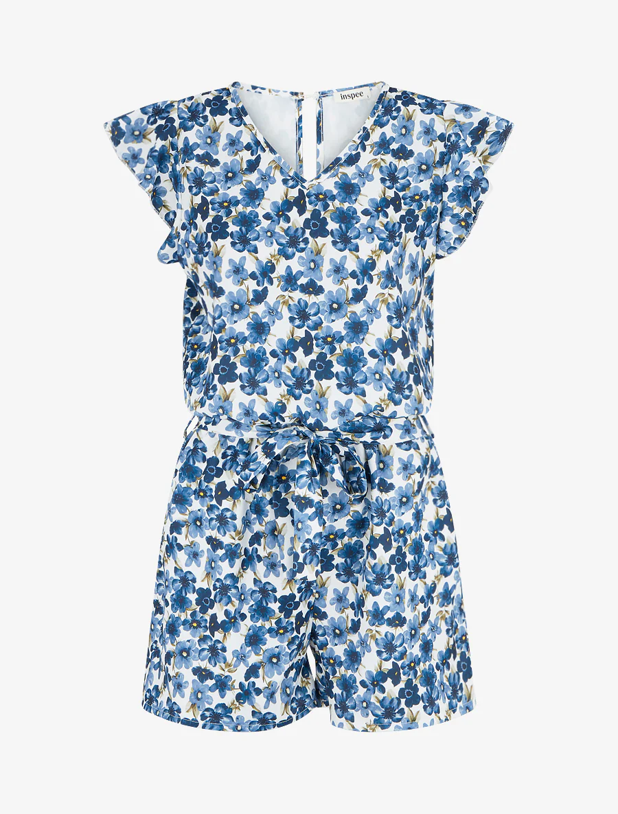 Bloemen jumpsuit met korte volantmouwen - Marine