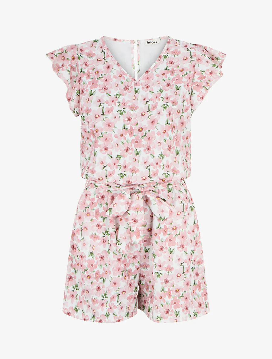 Bloemen jumpsuit met korte volantmouwen - Roos
