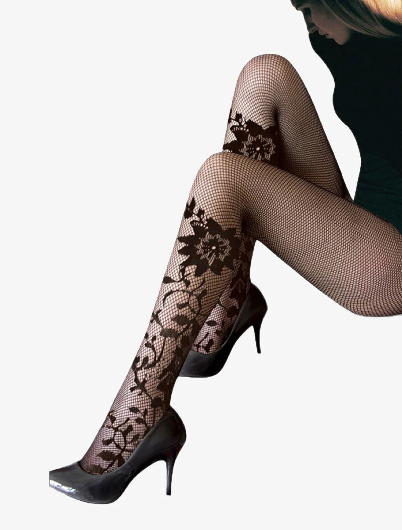 Netpanty's met bloemen - zwart