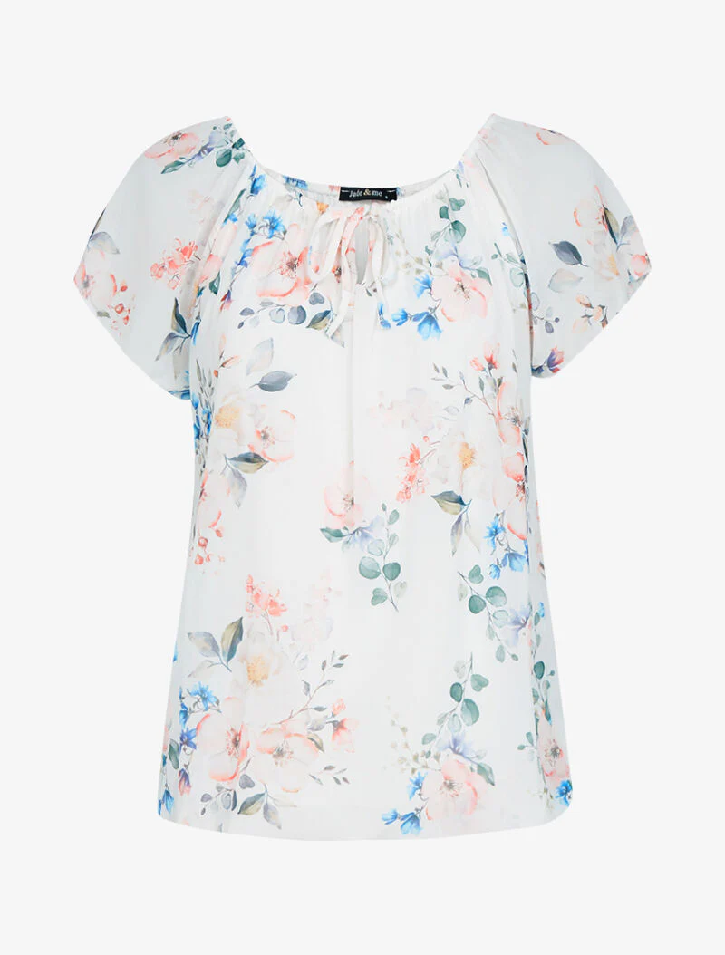 Bloemen top met bolle snit - ecru