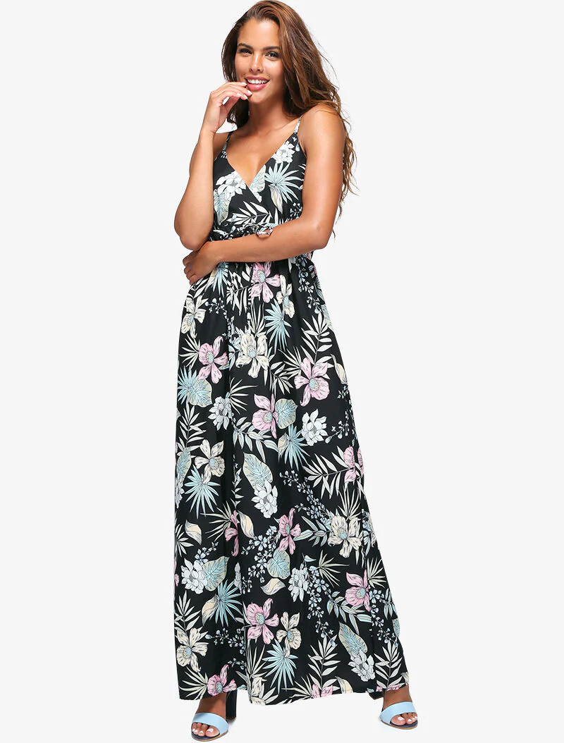 Bloemenjurk met overslaghals - zwart - Image 3