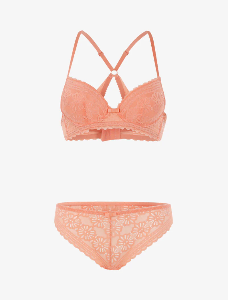 Kant bloemen set met racerback en string - koraal