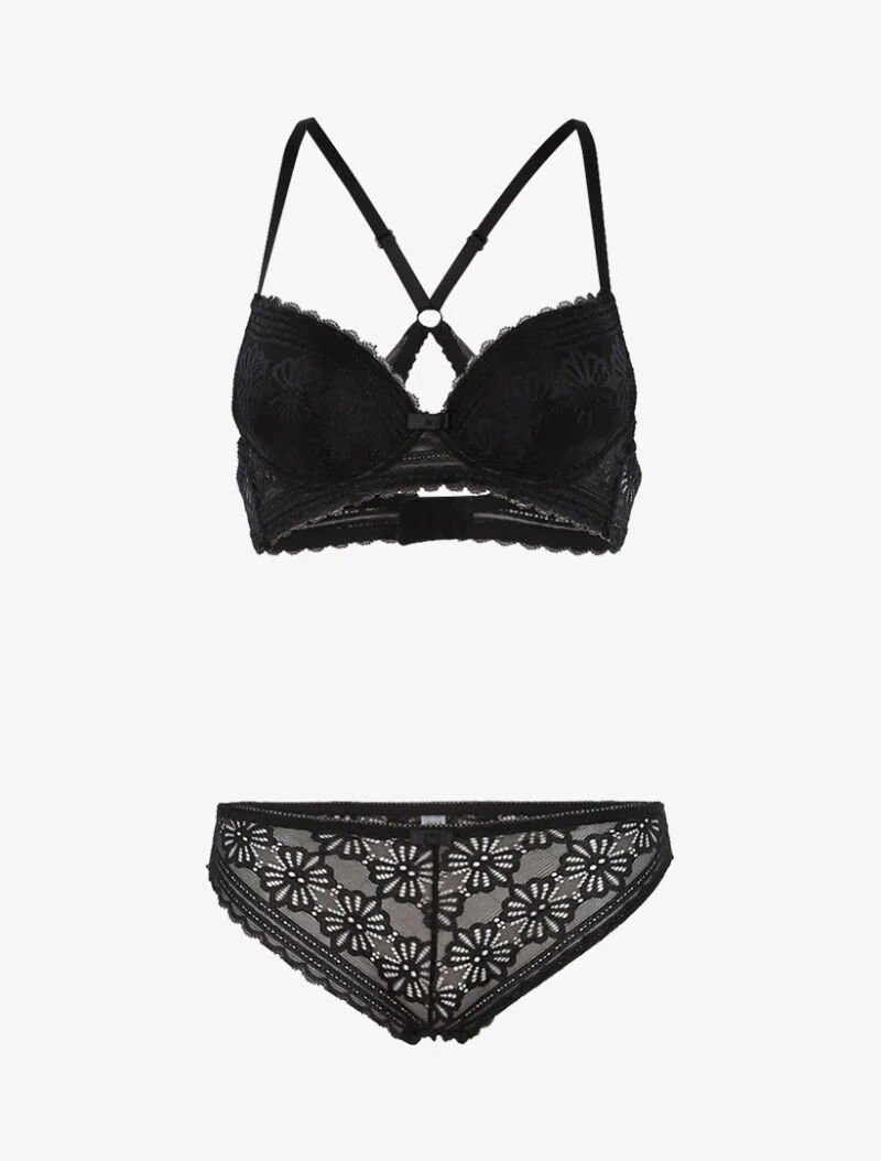 Bloemen kanten set met racerback en string - zwart