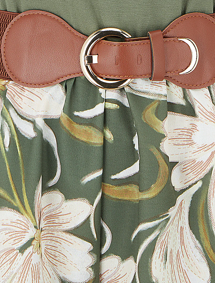 Bloemenprint jumpsuit met ceintuur - Kaki - Image 3