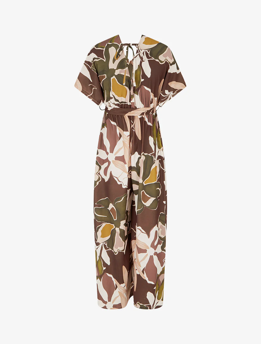 Bloemenprint jumpsuit met elastische tailleband - Bruin - Image 2