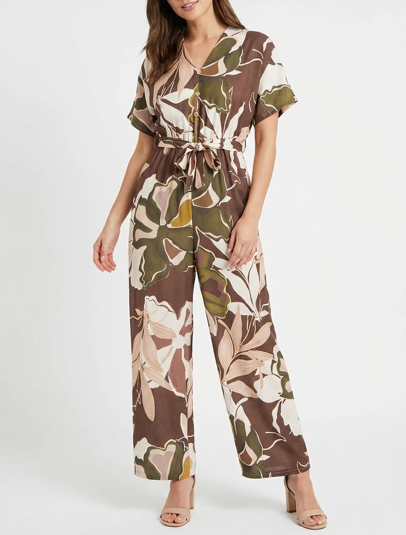 Bloemenprint jumpsuit met elastische tailleband - Bruin - Image 4