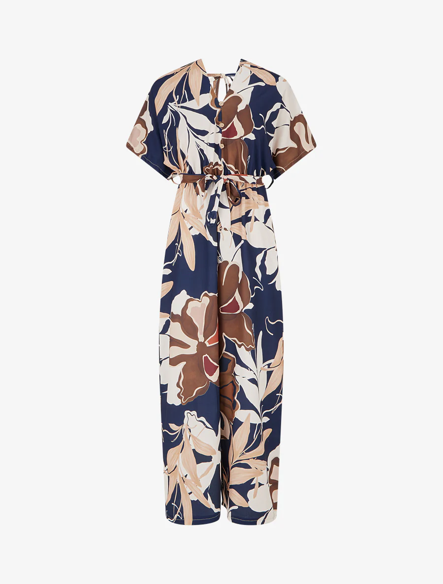 Bloemenprint jumpsuit met elastische tailleband - Marine