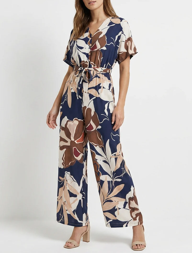 Bloemenprint jumpsuit met elastische tailleband - Marine - Image 4