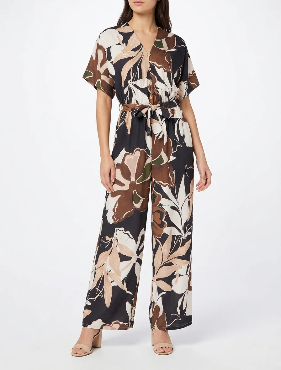 Bloemenprint jumpsuit met elastische tailleband - Zwart - Image 4