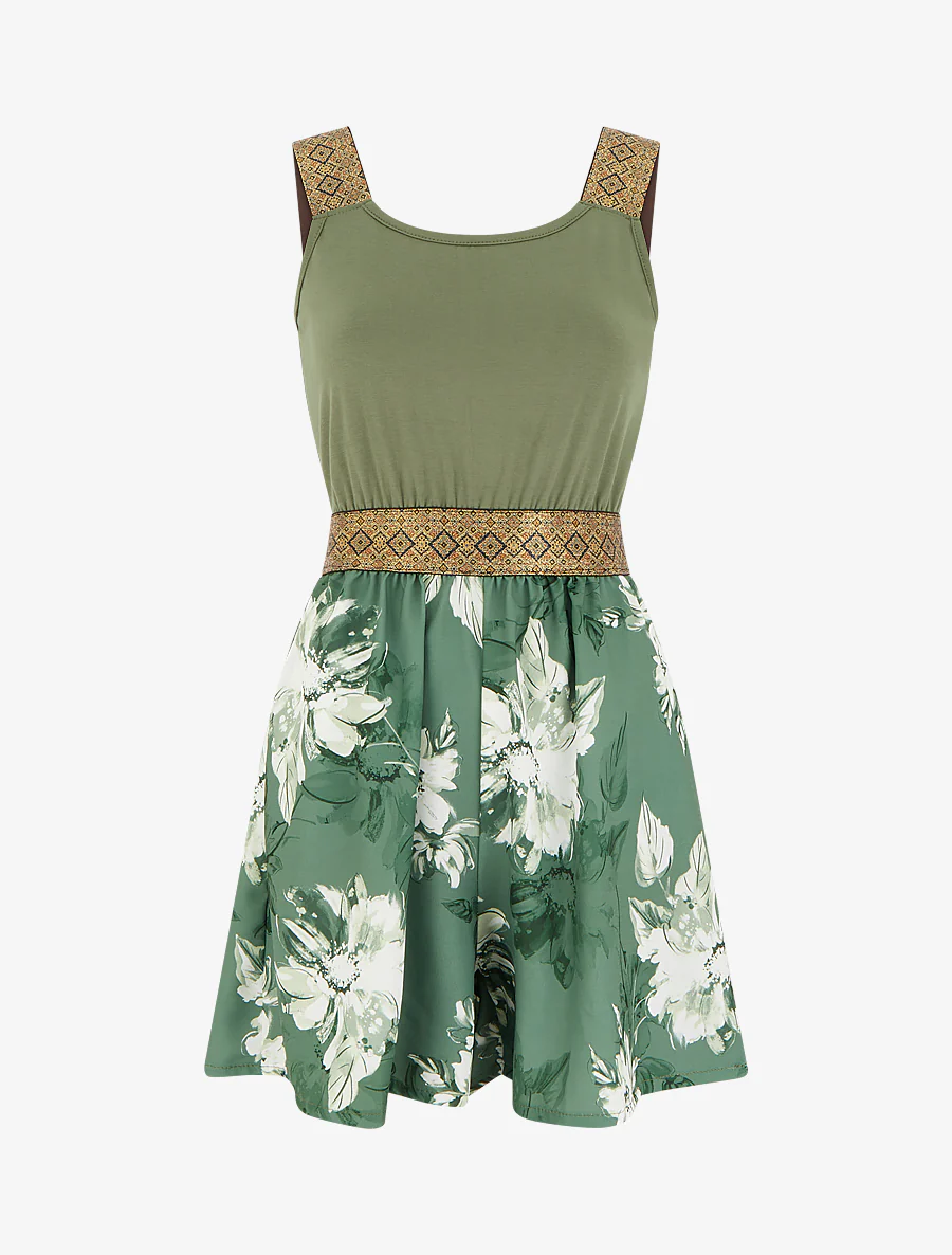 Bloemenprint jumpsuit met fantasiebandjes - Kaki