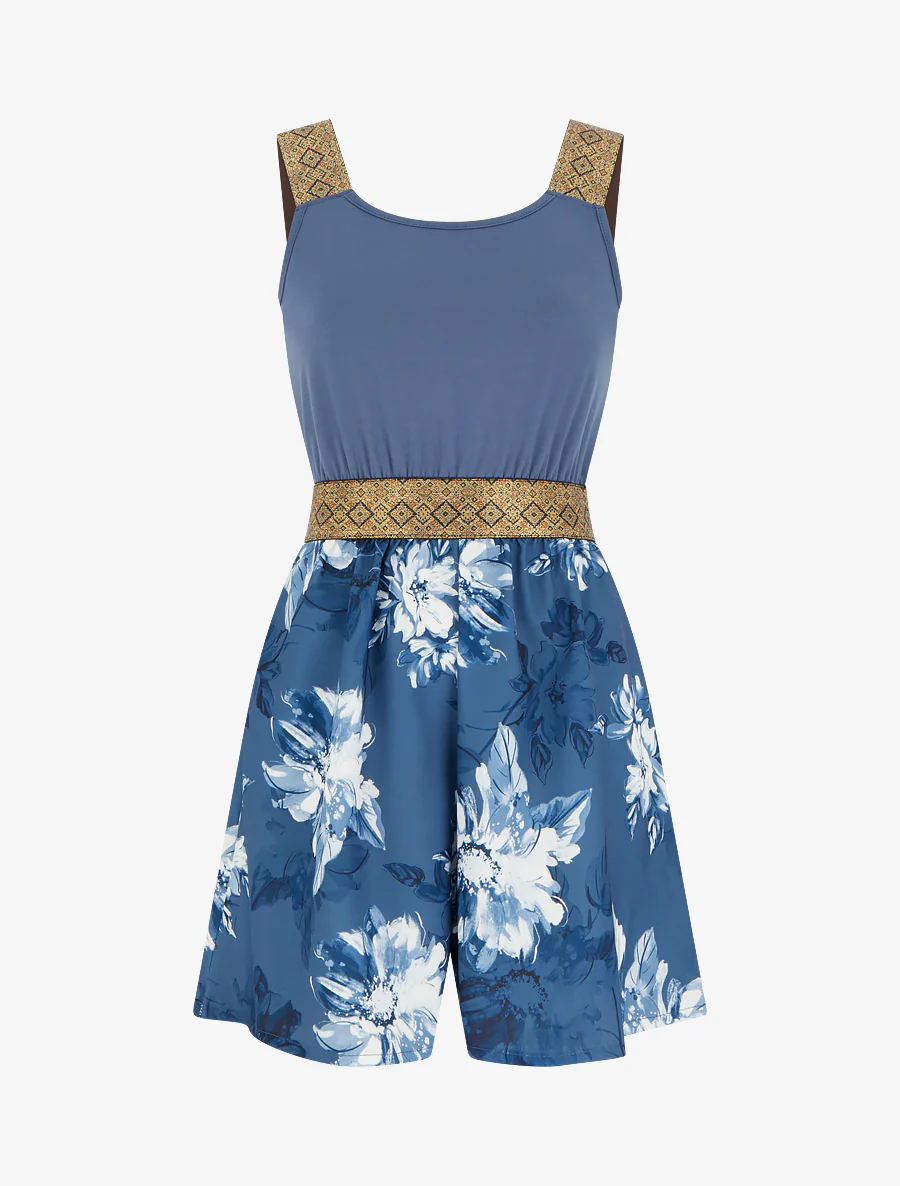 Bloemenprint jumpsuit met fantasiebandjes - Blauw