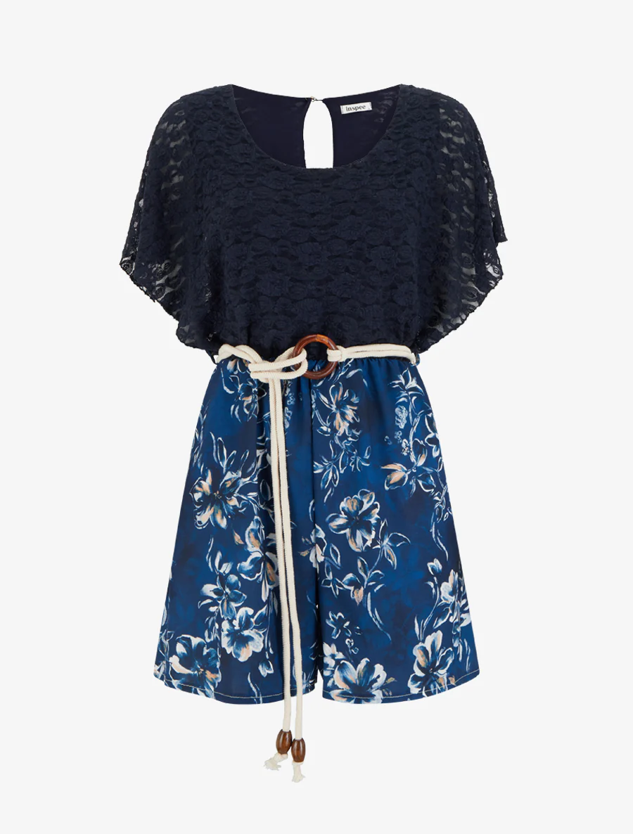 Bloemenprint jumpsuit met kanten bovenstuk - Marine