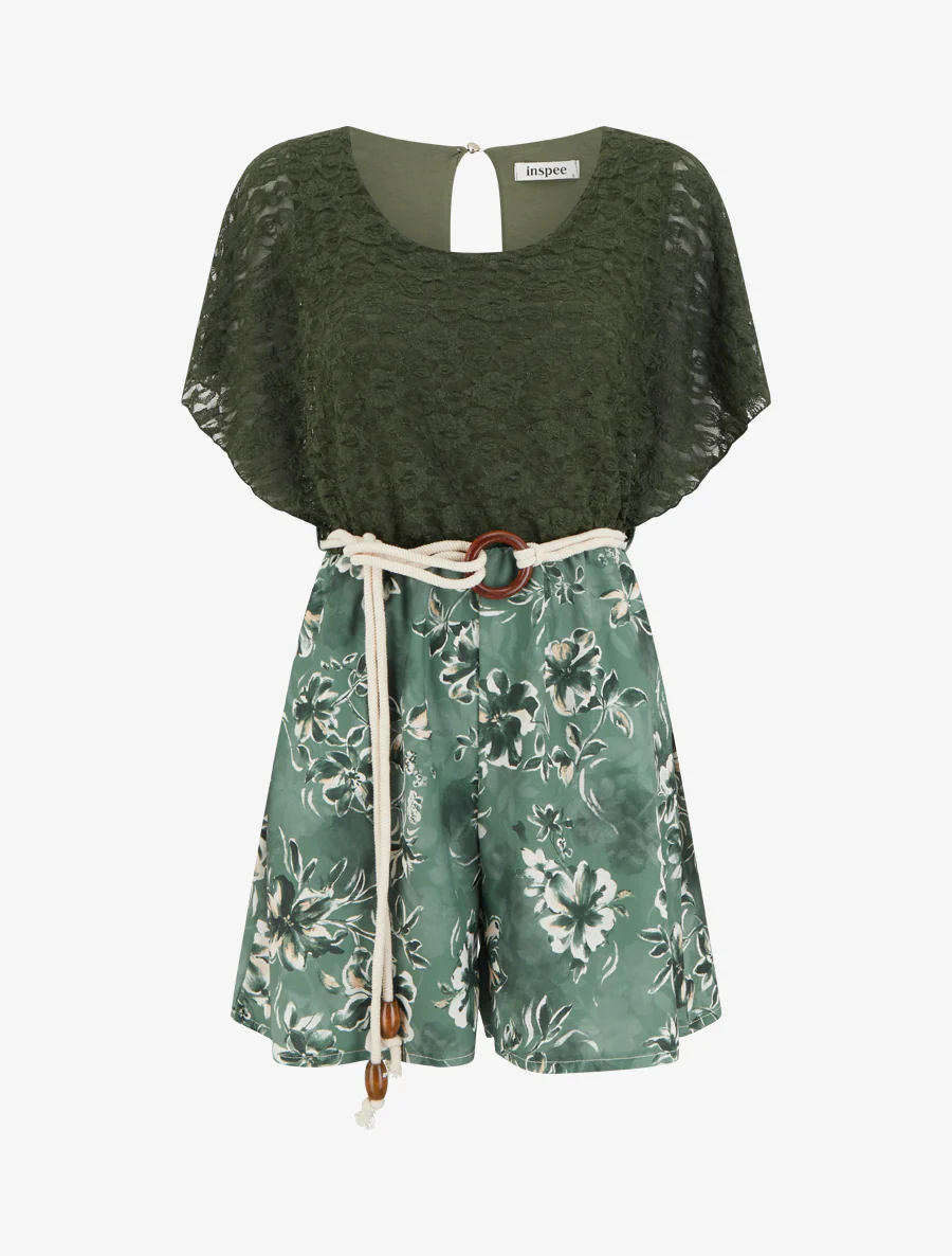 Bloemenprint jumpsuit met kanten bovenstuk - Kaki