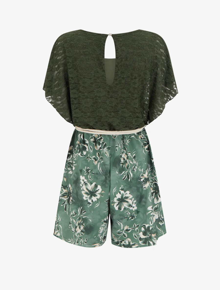 Bloemenprint jumpsuit met kanten bovenstuk - Kaki - Image 2
