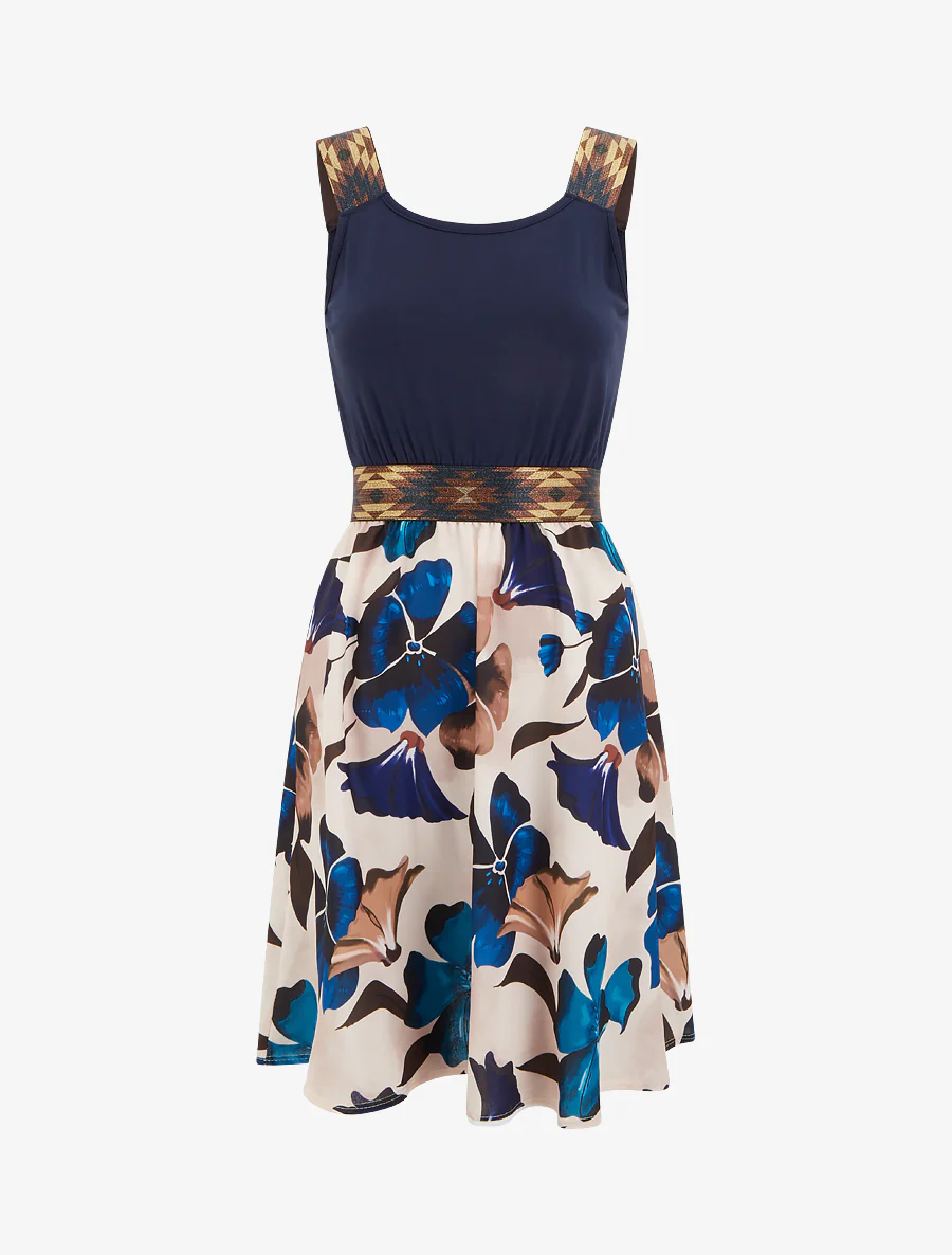 Bloemenprint jurk met elastische tailleband fantasie - Marine