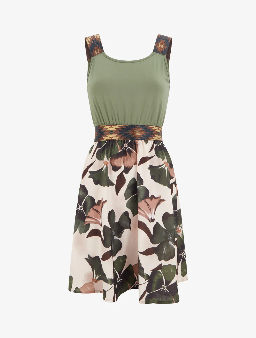 Bloemenprint jurk met elastische tailleband fantasie - Kaki