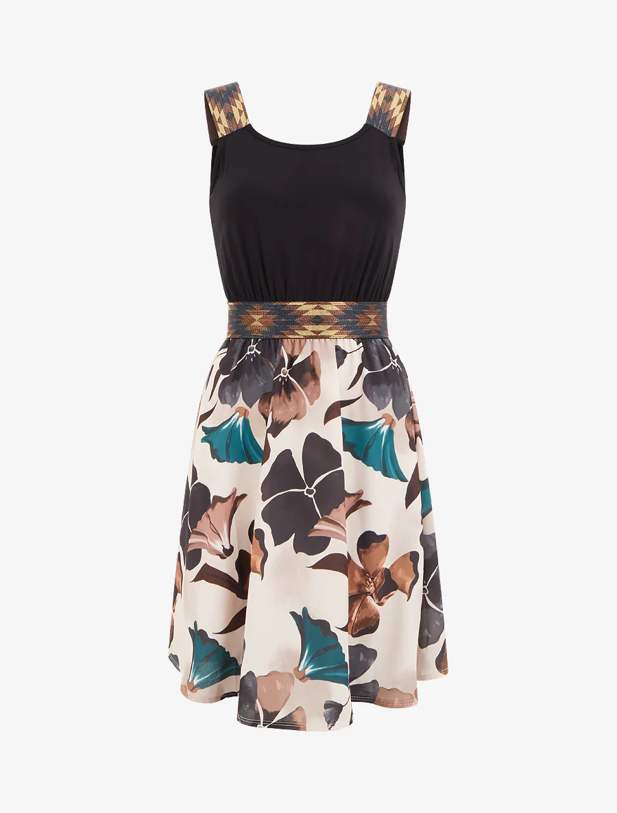 Bloemenprint jurk met elastische tailleband fantasie - Zwart