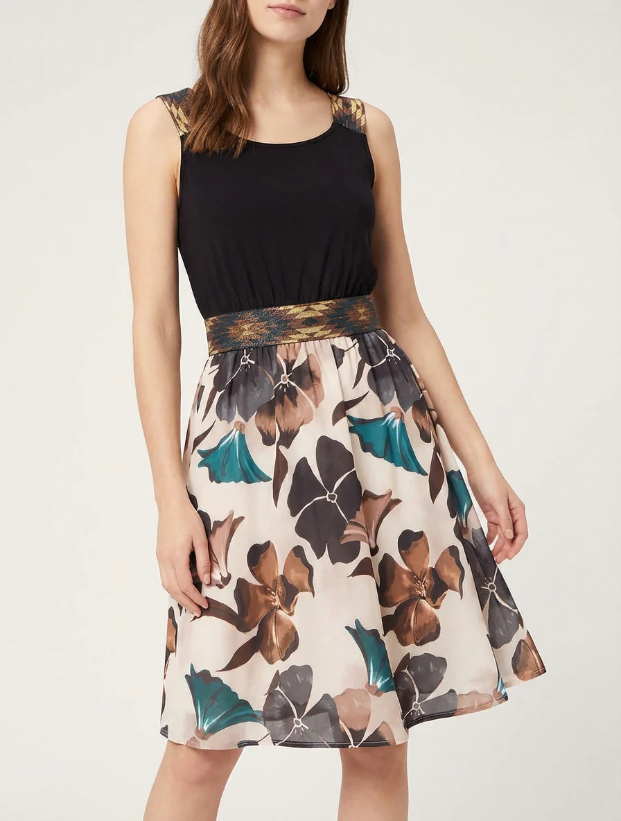 Bloemenprint jurk met elastische tailleband fantasie - Zwart - Image 4