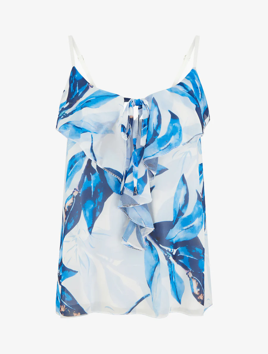 Bloemenprint top met V-hals en ruches. - Marine