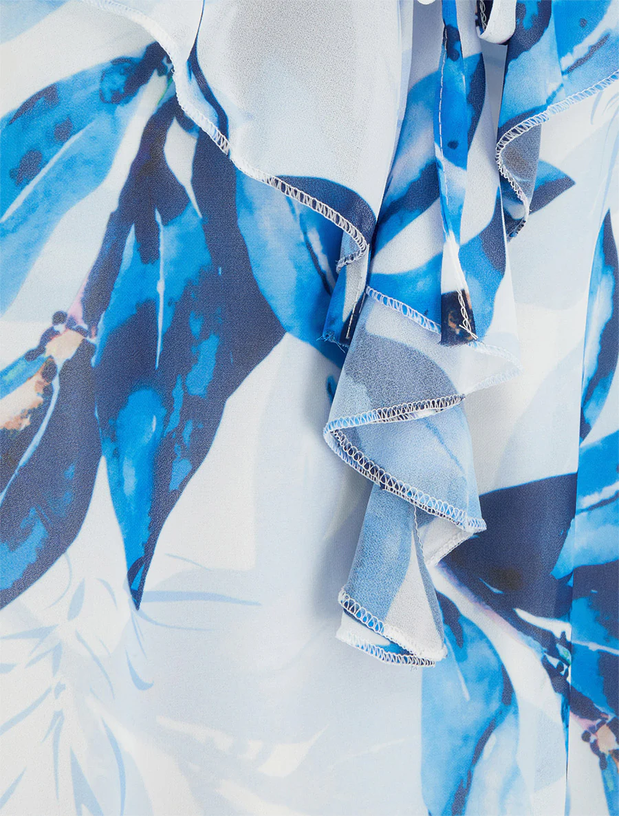 Bloemenprint top met V-hals en ruches. - Marine - Image 3