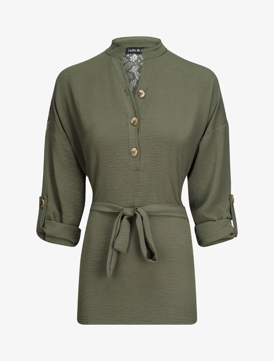 Bloes met shirtstijl en kanten details - Kakigroen